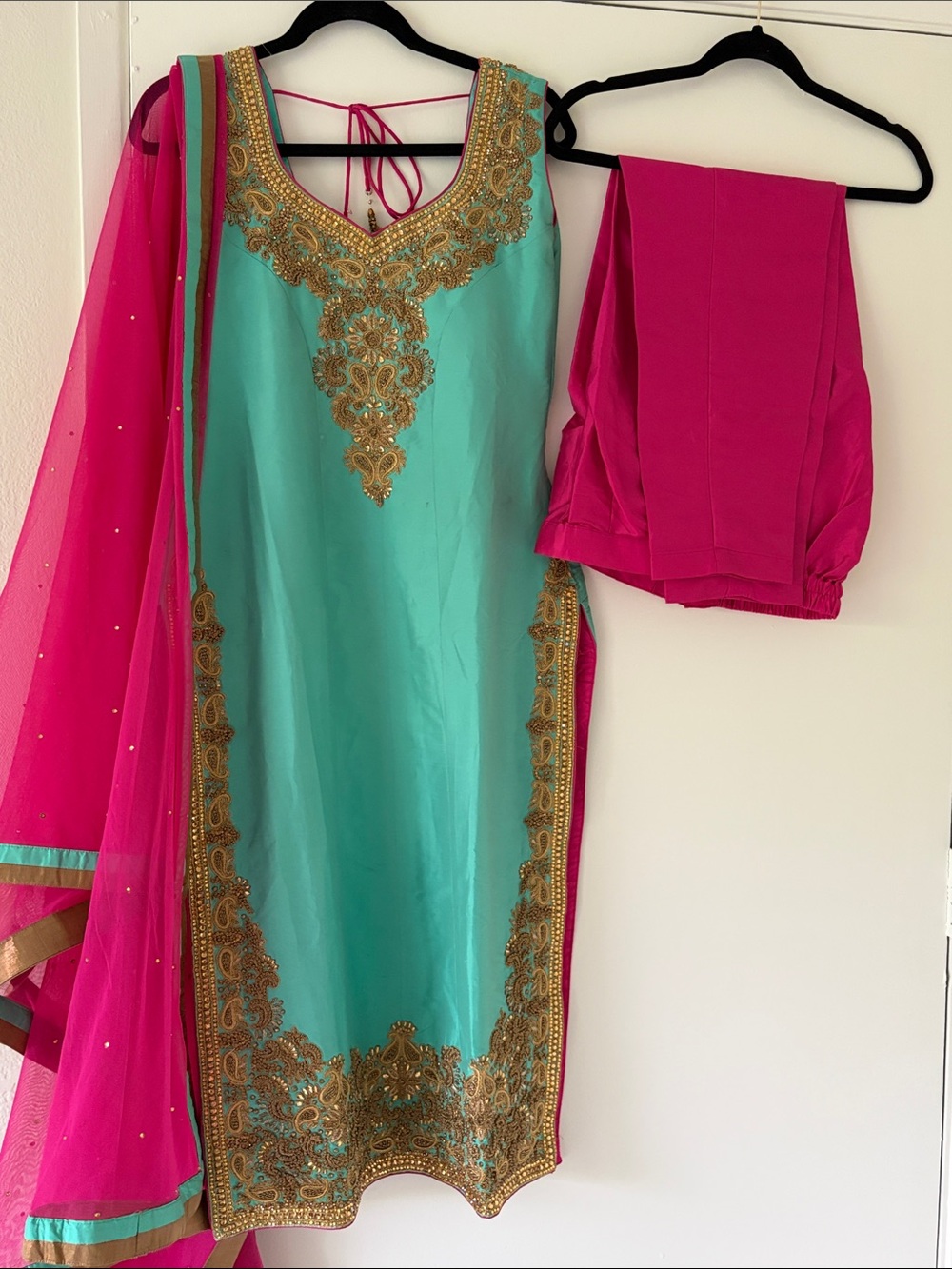 Turquoise & Hot Pink Embroidered Salwar Kameez